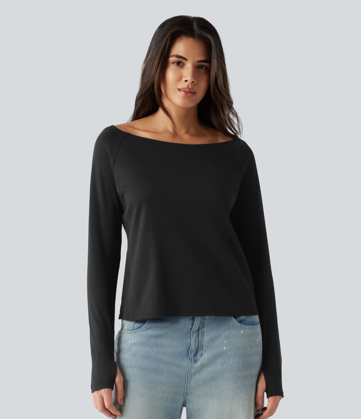 T-shirt en coton Pima à encolure bateau, manches longues et passe-pouces