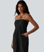 Robe longue estivale col licou dos nu avec lien soutien-gorge intégré aspect lin avec poches