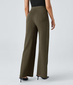 Pantalon Tailleur Large Taille Haute avec Bouton et Poches