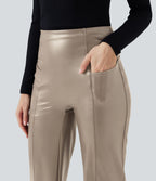 Pantalon similicuir évasé gainant taille haute stretch avec poches
