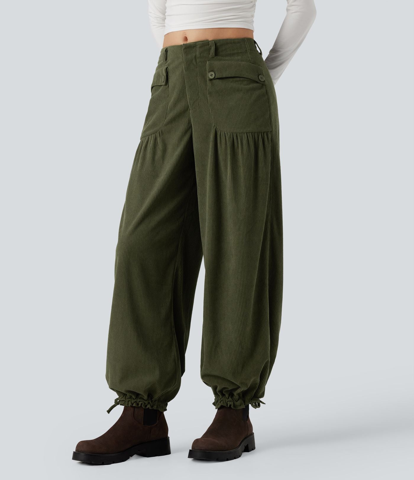 Pantalon décontracté large taille mi-haute en velours côtelé avec poches