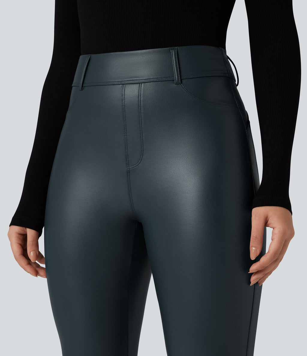 Pantalon polaire simili cuir extensible taille haute avec poches