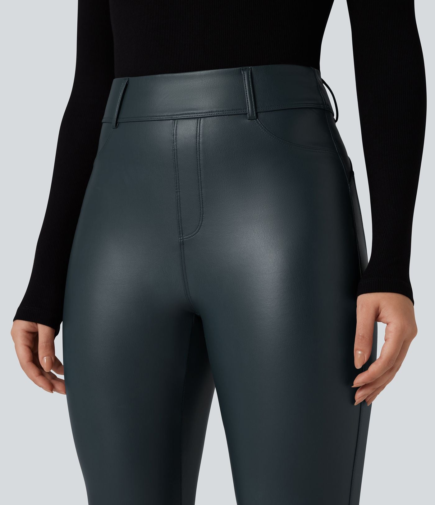 Pantalon polaire simili cuir extensible taille haute avec poches