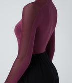Top de Travail Skinny à Col Montant Manches Raglan Longues Mesh Contrastés