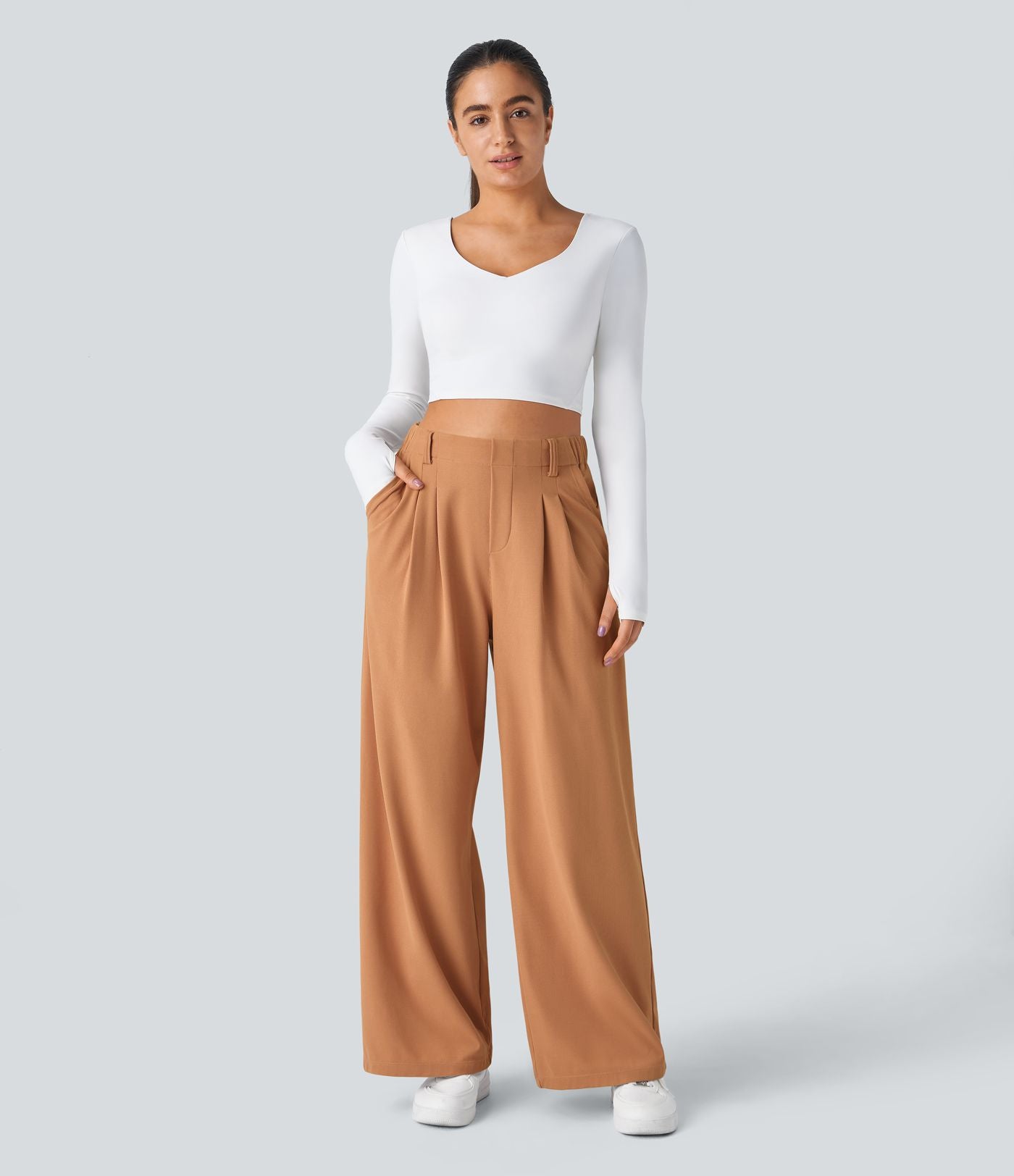 Halara Flex™ Pantalon Tailleur Large Fluide Gaufré Taille Haute Poches Latérales