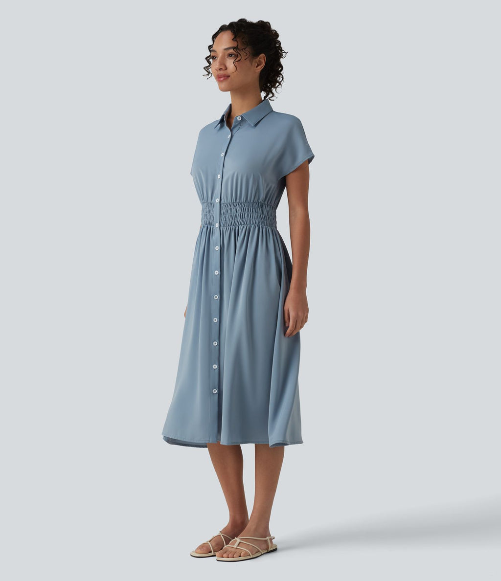 Robe-chemise midi défroissage facile avec manches courtes