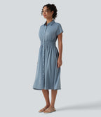 Robe-chemise midi défroissage facile avec manches courtes