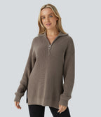 Pull décontracté à col montant, demi-fermeture éclair, manches longues et fente