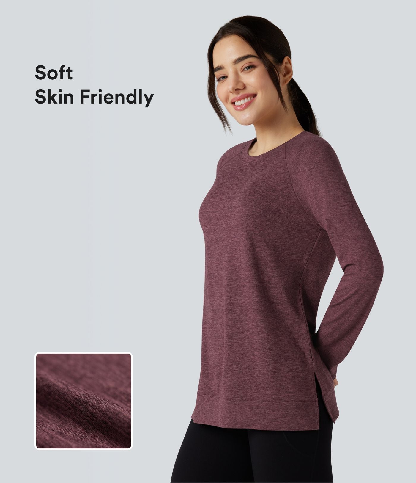 T-shirt doux col rond ourlet fendu manches raglan longues