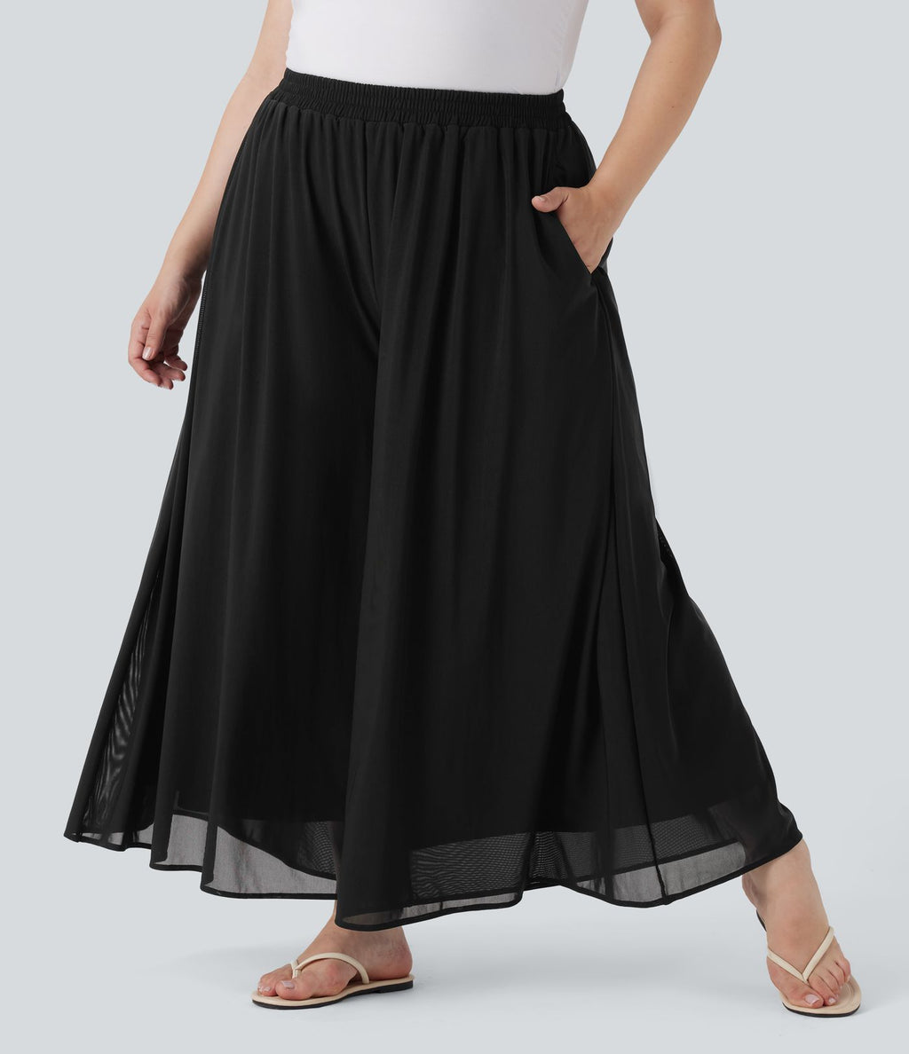Pantalon décontracté grande taille taille haute large à superposition mesh avec poches latérales