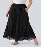 Pantalon décontracté grande taille taille haute large à superposition mesh avec poches latérales