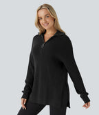 Pull décontracté à col montant, demi-fermeture éclair, manches longues et fente