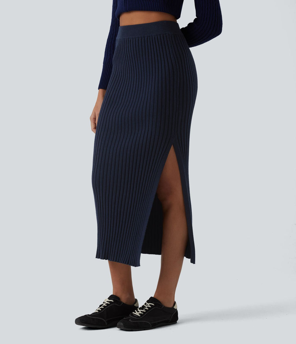 Jupe midi casual en maille taille haute