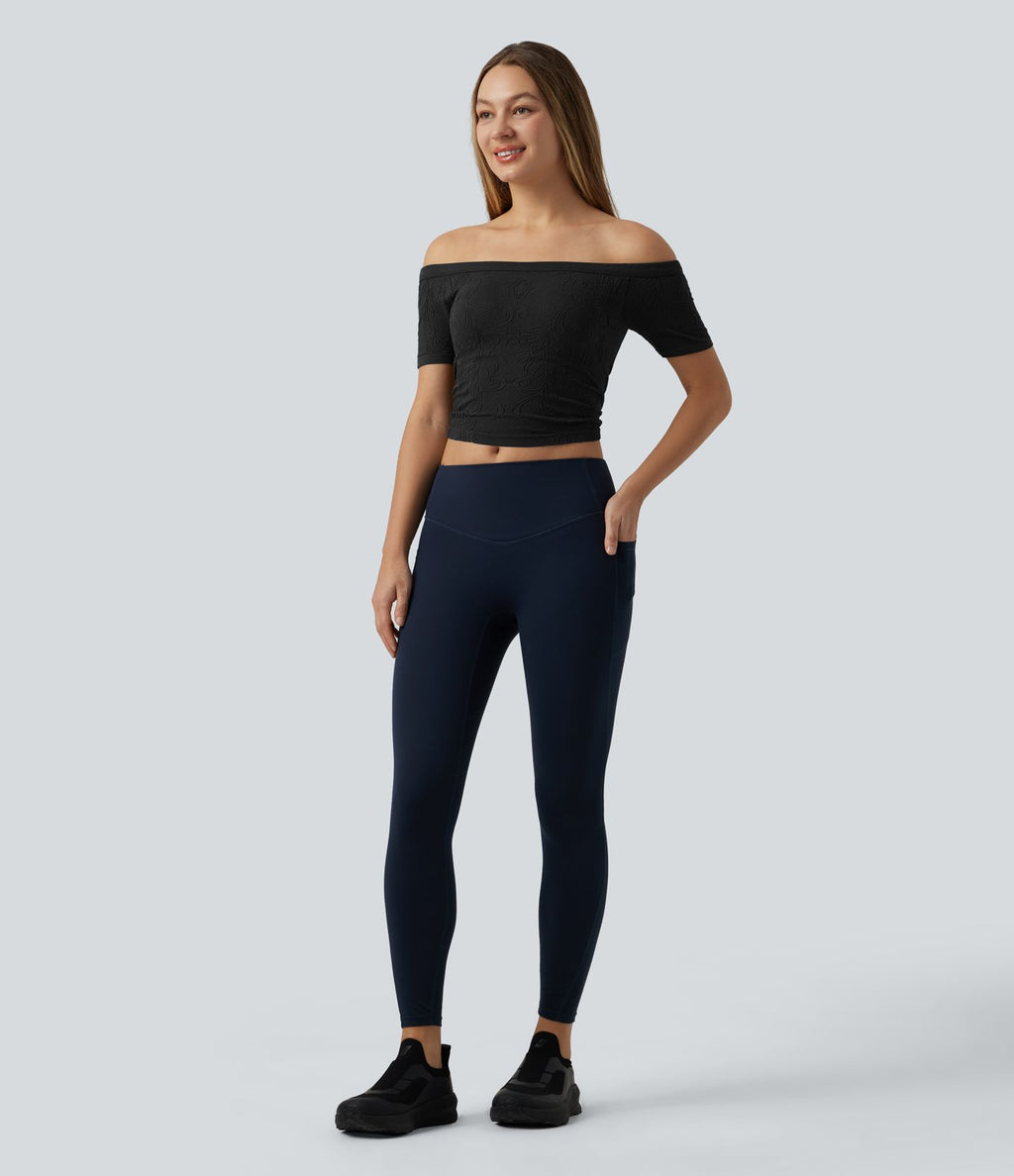 OneForm Seamless Flow Haut de sport de yoga raccourci sans couture épaules dénudées à manches courtes, avec soutien-gorge intégré