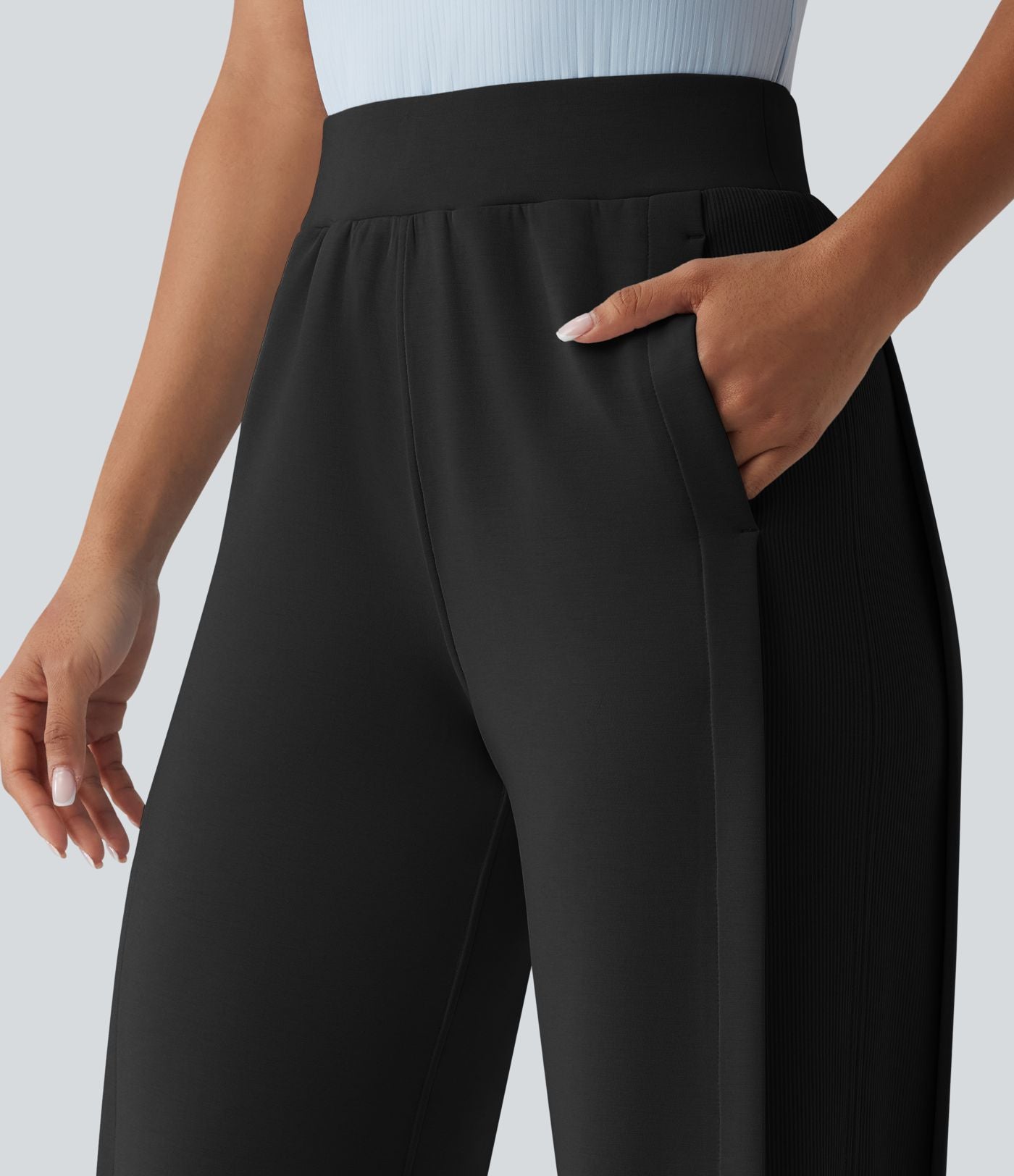 SpacerTek™ Pantalon large fluide décontracté taille haute avec cordon de serrage intérieur, côtes contrastées, fentes et poches