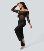 Pantalon Évasé de Danse 2 en 1 en Maille Transparente Taille Haute