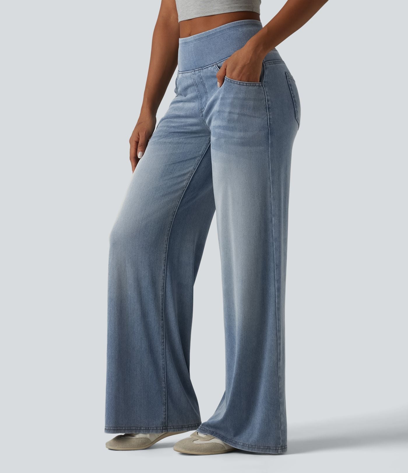 Halara Flex™ Jean large casual baggy taille mi-haute en lyocell drapé effet délavé, avec poches