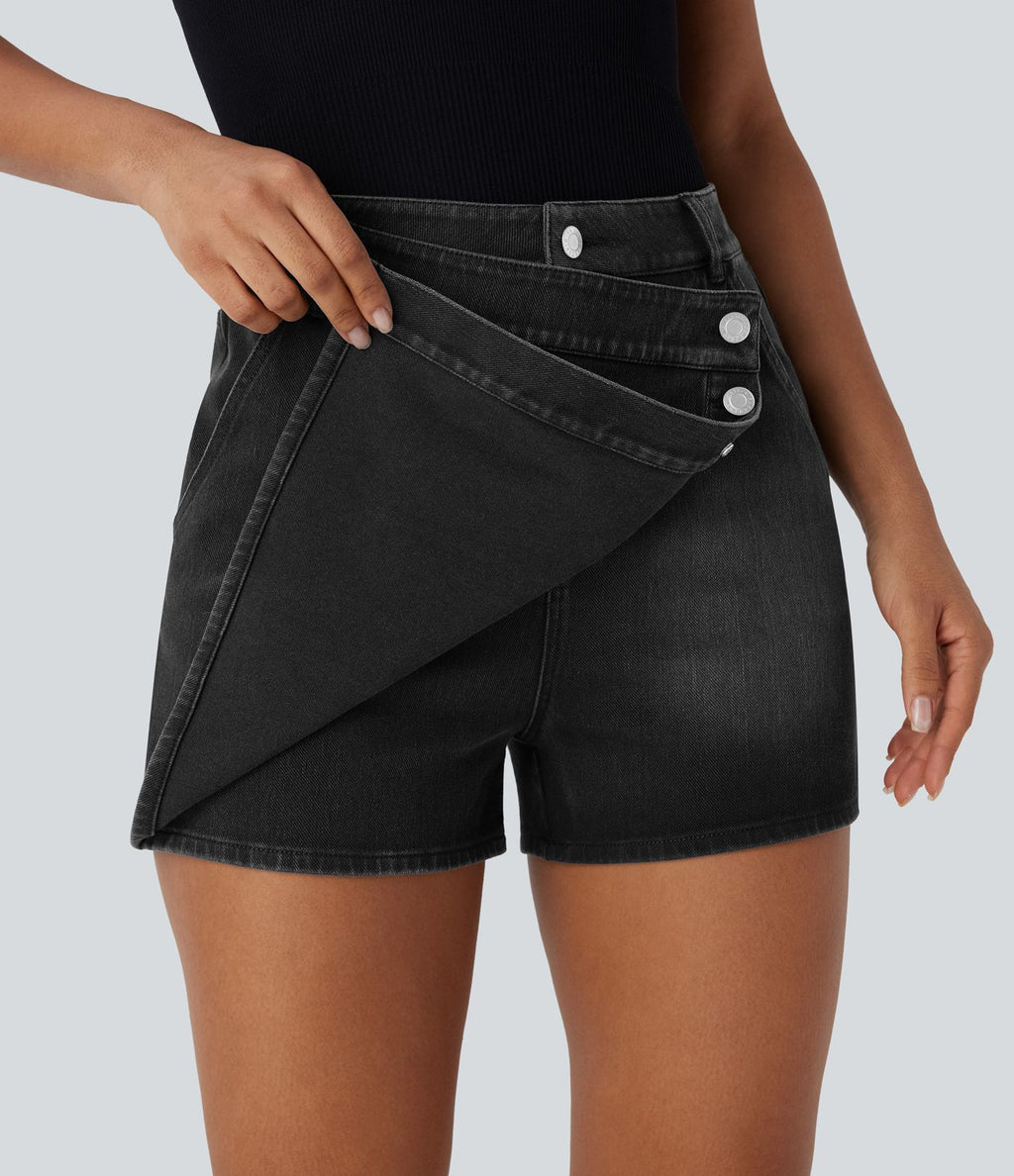 Halara Flex™ Short décontracté en jean extensible effet délavé à taille haute avec poches multiples et détail enveloppant