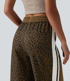 Pantalon ample décontracté taille mi-haute avec cordon de serrage color block rayures léopard contrastant avec poches