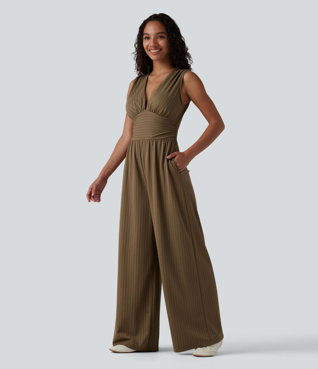 Combinaison tailleur col V sans manches à rayures et fronces avec poches - Easy Peasy