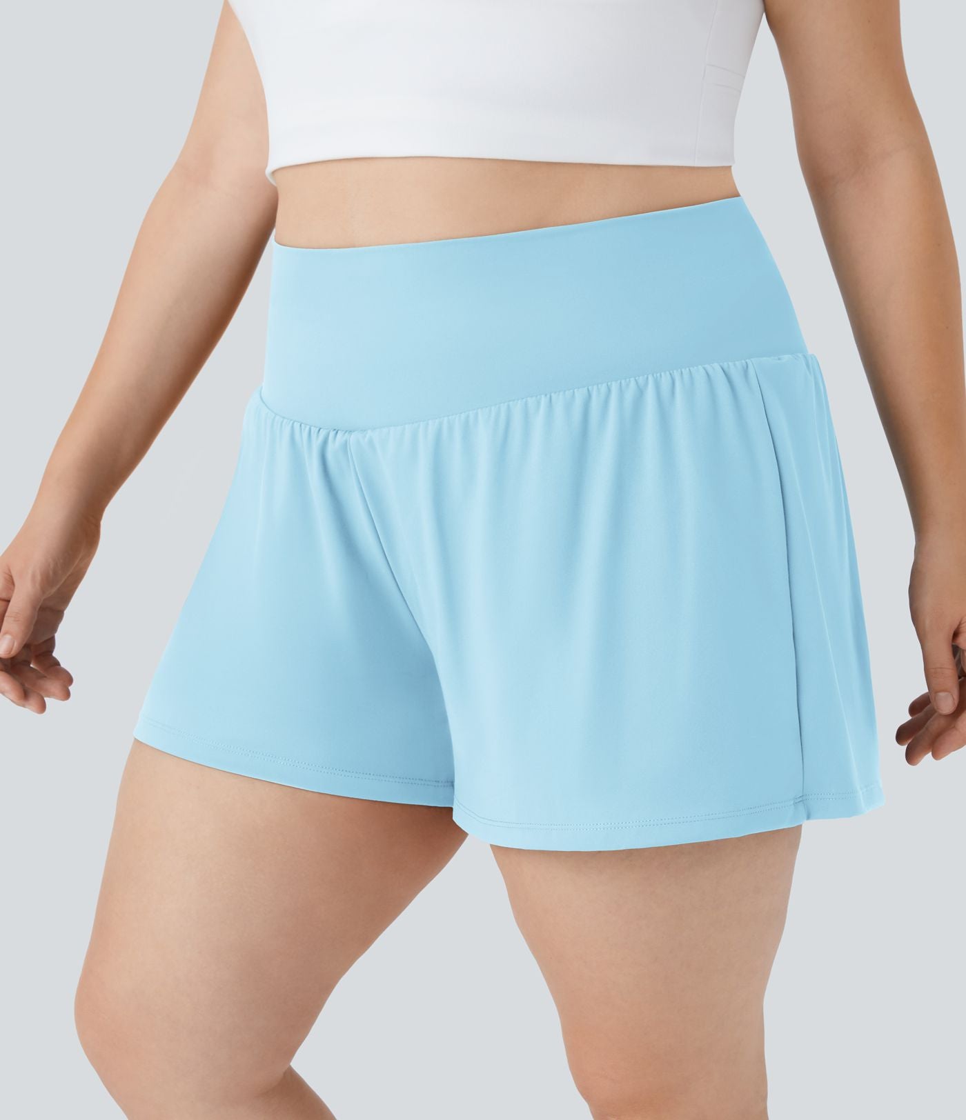 Short Yoga 10cm Plus Longue Taille Ultra Haute 2 en 1 Poche Arrière Poche Cachée Latérale Grande Taille