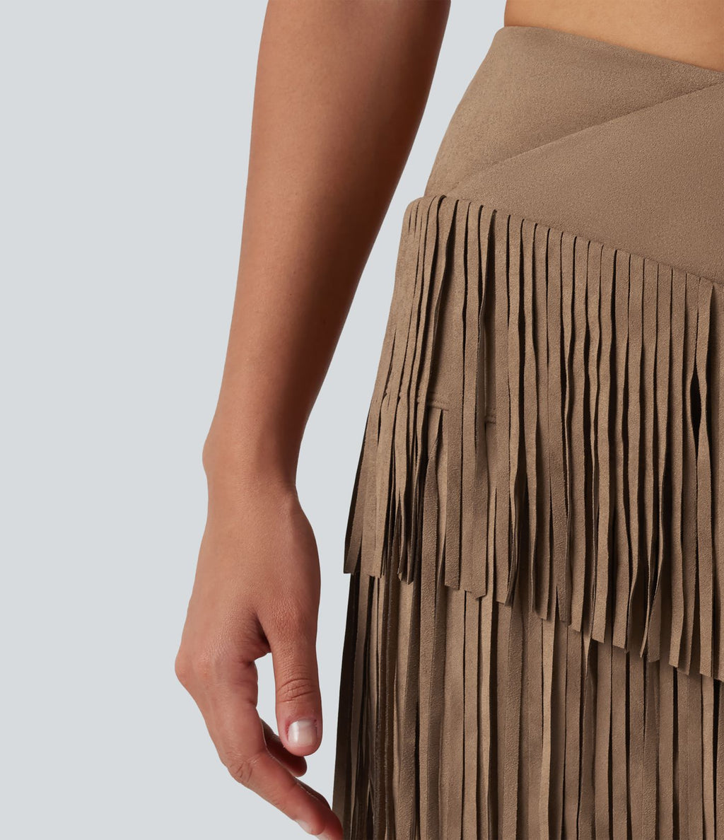 Jupe mini moulante 2-en-1 en daim pour soirée, ourlet à franges croisé, taille haute — version longue