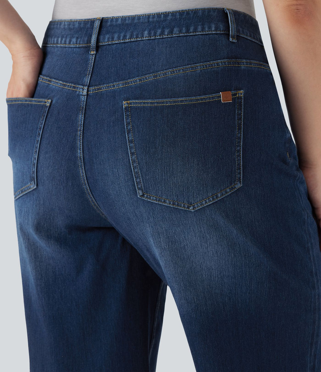 Jean casual grande taille Halara Flex™ tricot extensible délavé taille haute jambe large ourlet roulotté avec poches