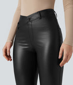 Pantalon évasé asymétrique polaire PU gainant extensible taille haute avec poches