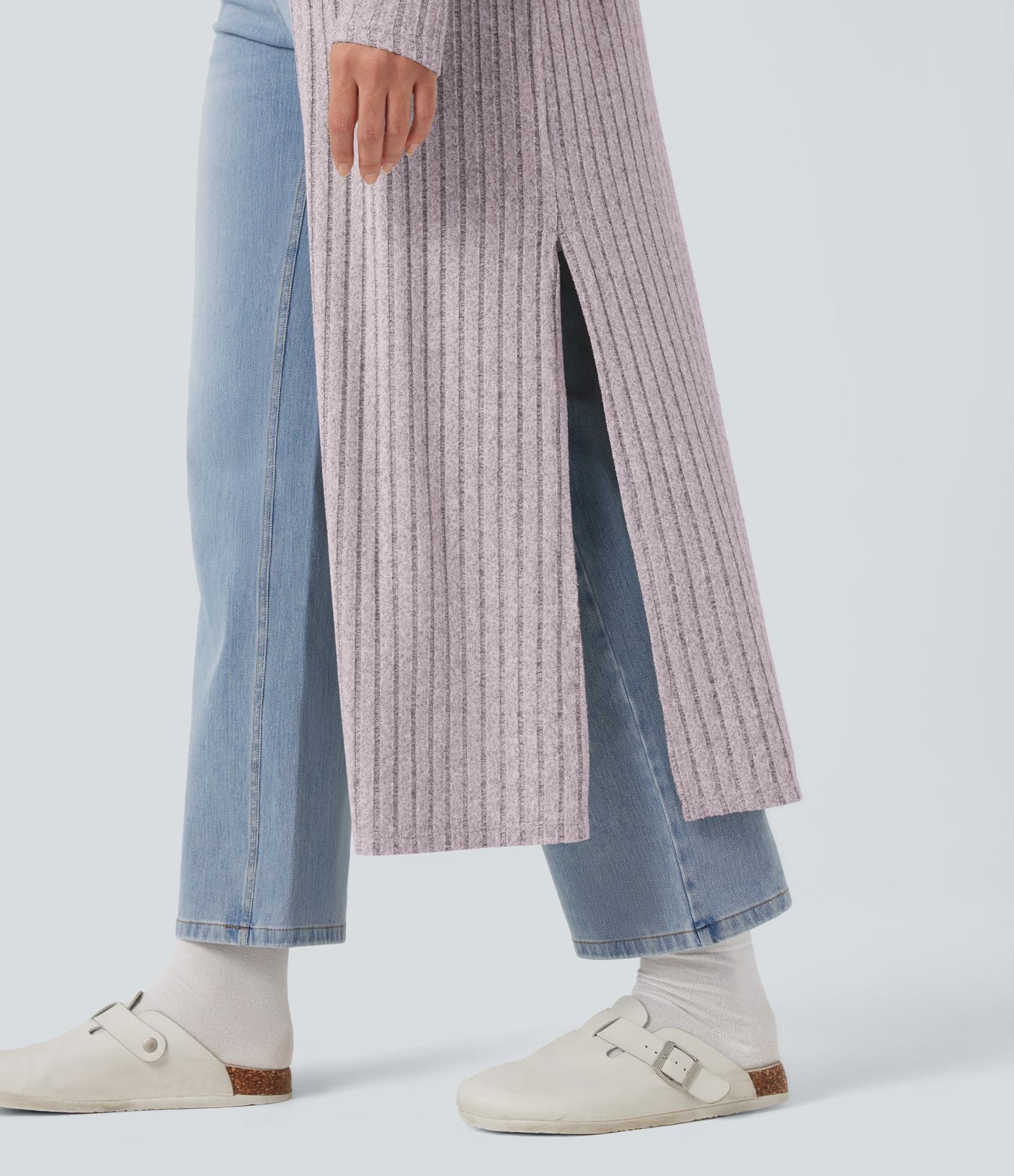 Manteau long décontracté maille côtelée manches longues avec fente