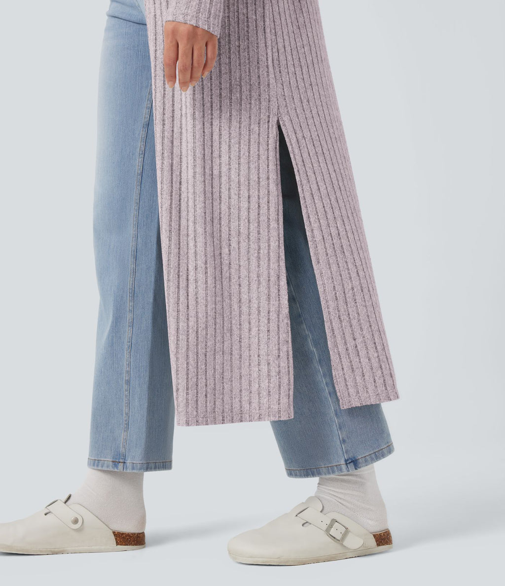 Manteau long décontracté maille côtelée manches longues avec fente