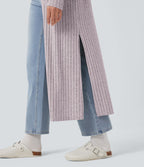 Manteau long décontracté maille côtelée manches longues avec fente