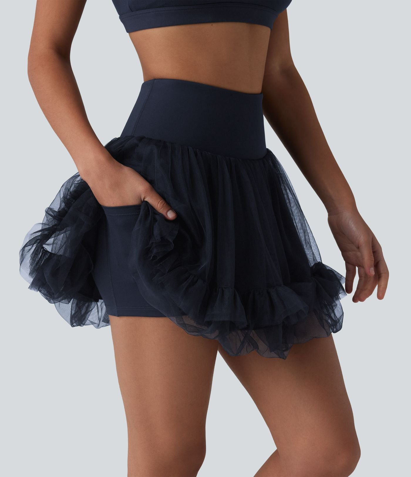 Jupe mini de sport 2 en 1 taille haute ventre plat en maille contrastée avec poches