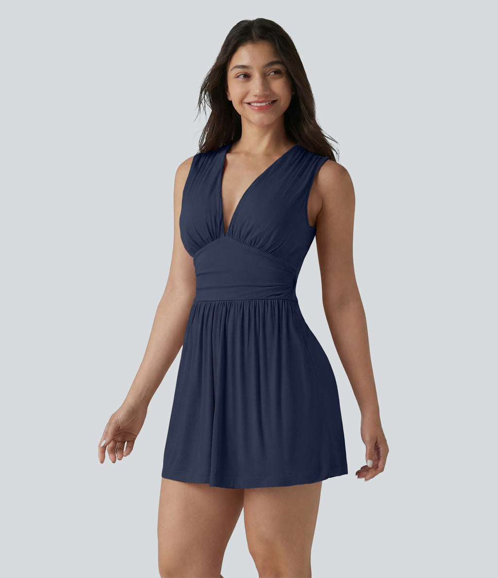 Combishort casual côtelé sans manches col V, fronces et soutien-gorge intégré, avec poches – Easy Peasy