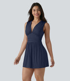 Combishort casual côtelé sans manches col V, fronces et soutien-gorge intégré, avec poches – Easy Peasy