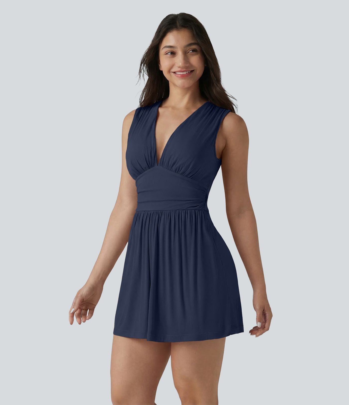 Combishort casual côtelé sans manches col V, fronces et soutien-gorge intégré, avec poches – Easy Peasy