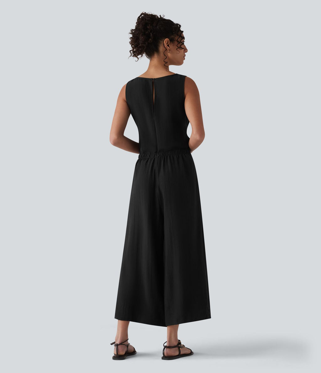 Combinaison casual aspect lin col rond échancré sans manches avec nœud frontal et poches – Easy Peasy
