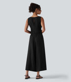 Combinaison casual aspect lin col rond échancré sans manches avec nœud frontal et poches – Easy Peasy