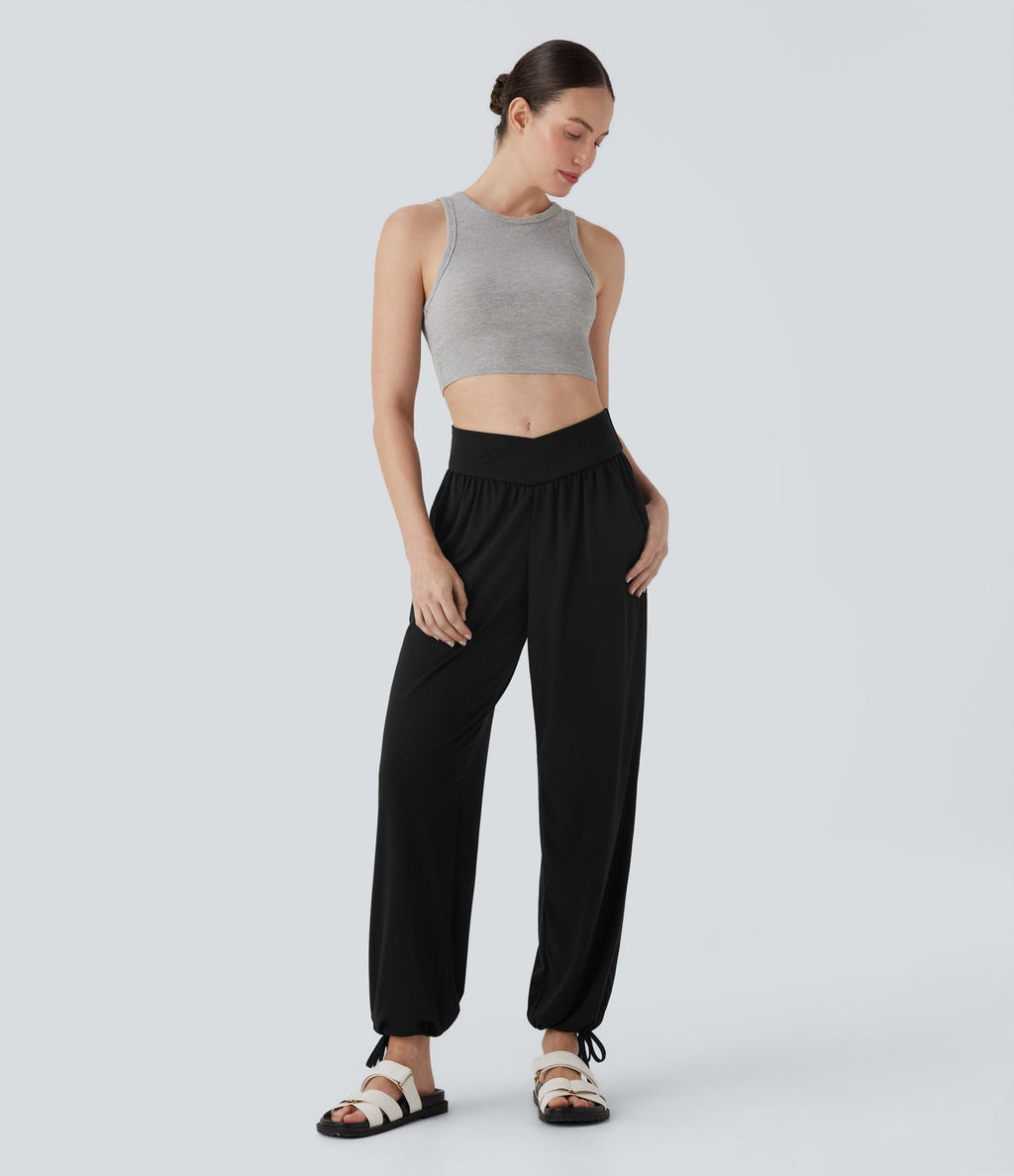 Pantalon de jogging décontracté à taille haute croisée avec poches latérales et cordon de serrage