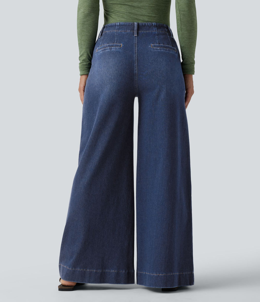 Halara Flex™ Jean large Palazzo et Taille Haute avec Poches Avant en Tricot Extensible Lavé
