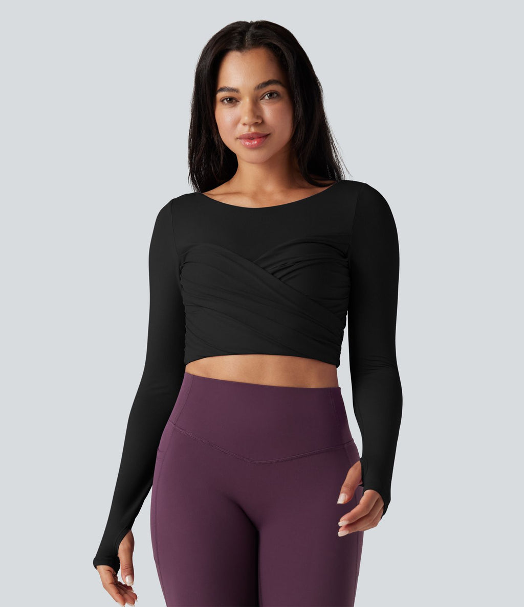 Top de sport yoga court push-up mousse col échancré manches longues avec trous pouces croisé
