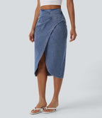 Halara Flex™ Jupe en Jean midi délavé taille haute avec zip dos, effet drapé et ourlet tulipe