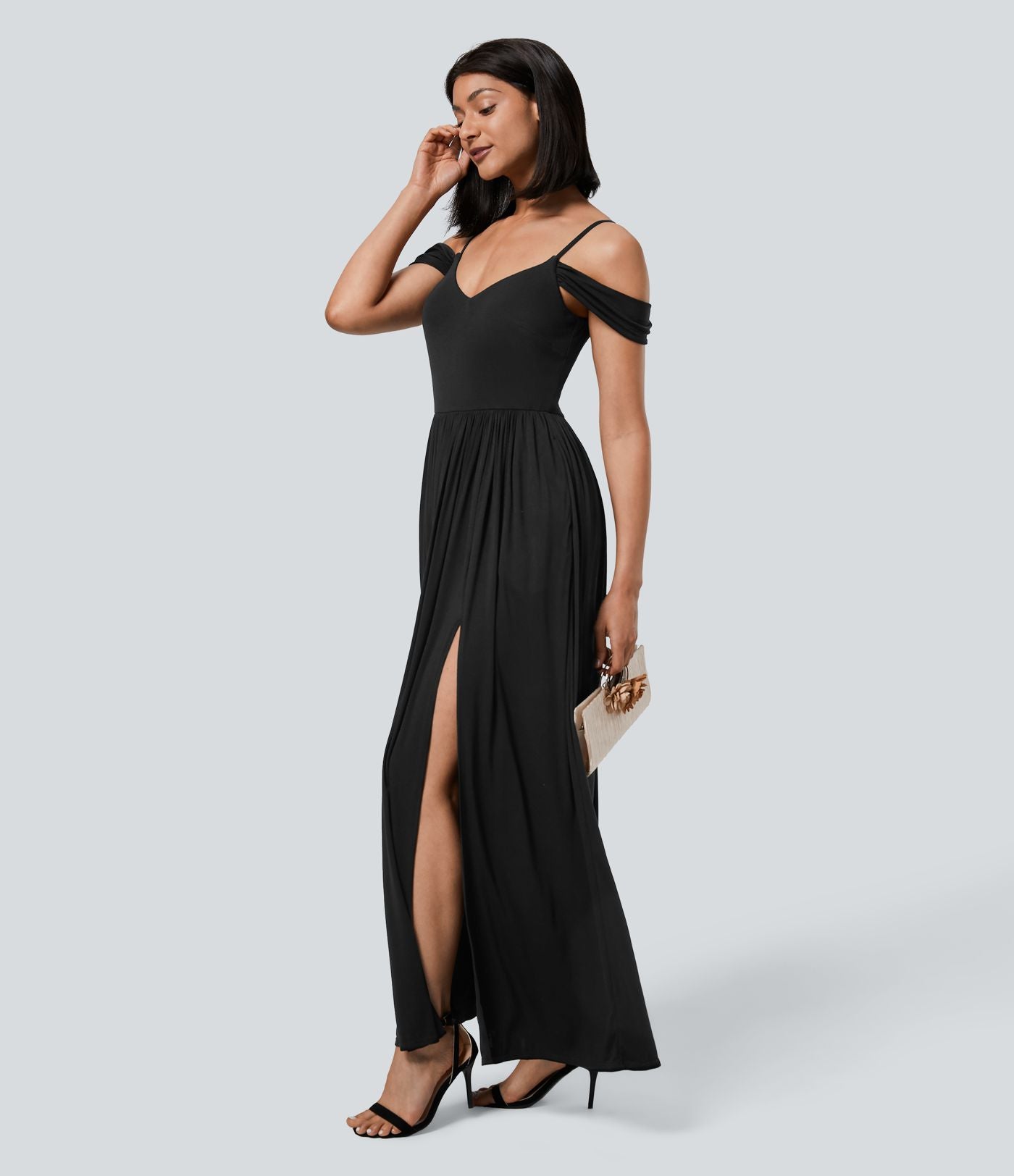 Robe Maxi Fluide Épaules Dénudées avec Poches Latérales Ourlet Fendu Tissu Côtelé Demoiselles d'Honneur et Invités de Mariage