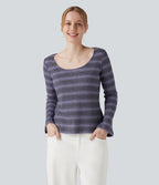 T-shirt tricoté décolleté rond à manches longues en maille gaufrée à rayures dégradées