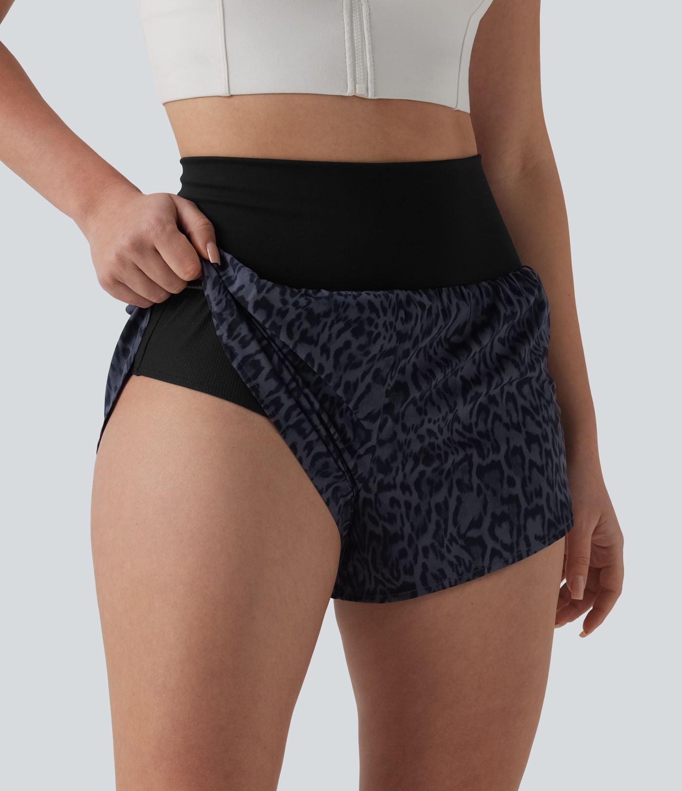 Short de running 2-en-1 taille haute imprimé léopard 7,5 cm avec poche