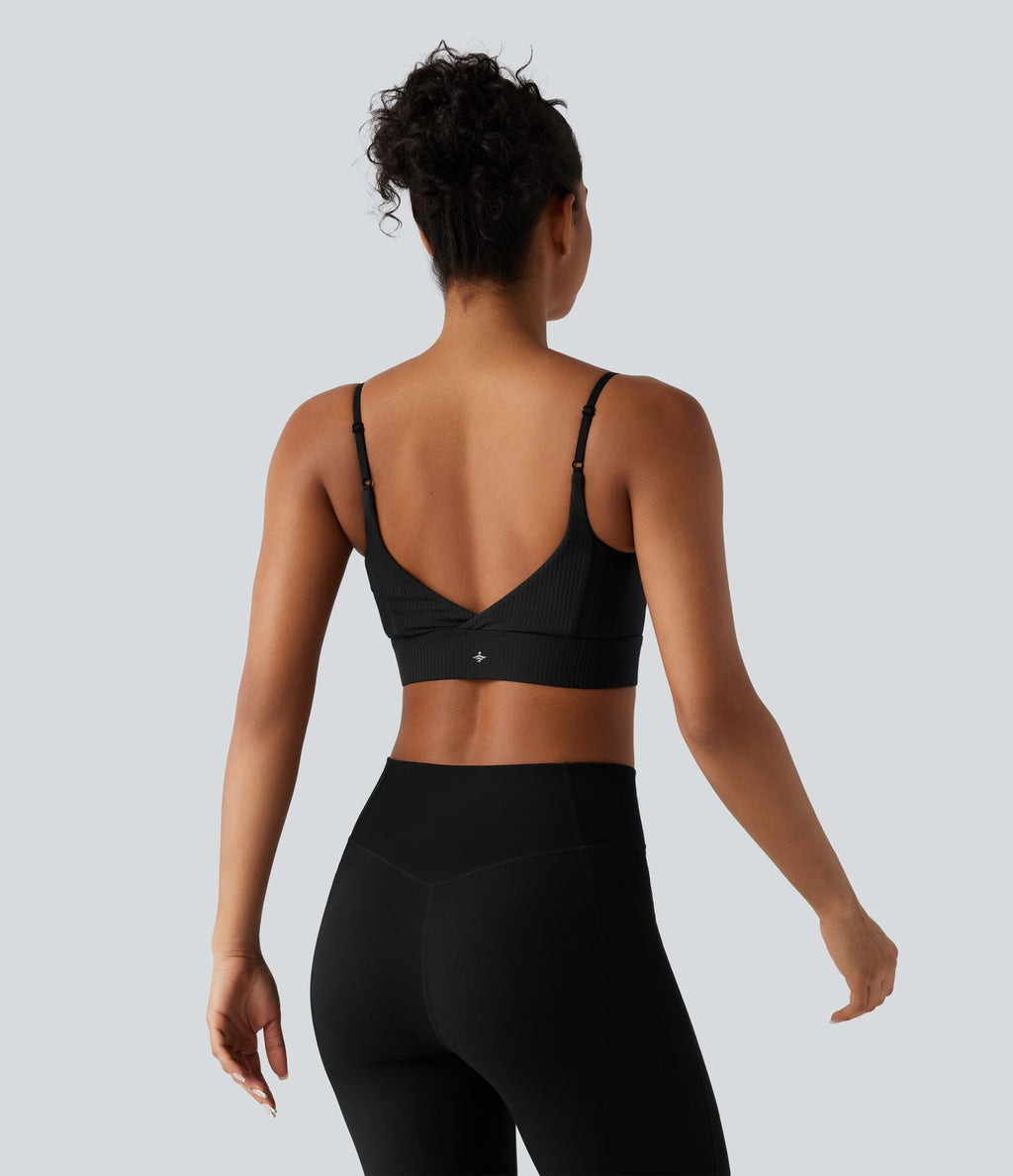 Brassière de yoga en maille côtelée, maintien léger avec coussinets amovibles