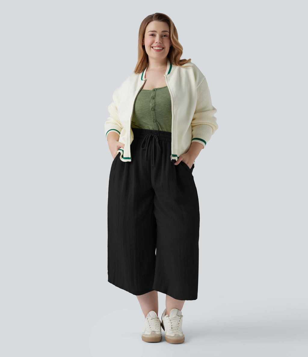 Pantalon grande taille large fluide taille haute avec cordon de serrage, poches et aspect lin