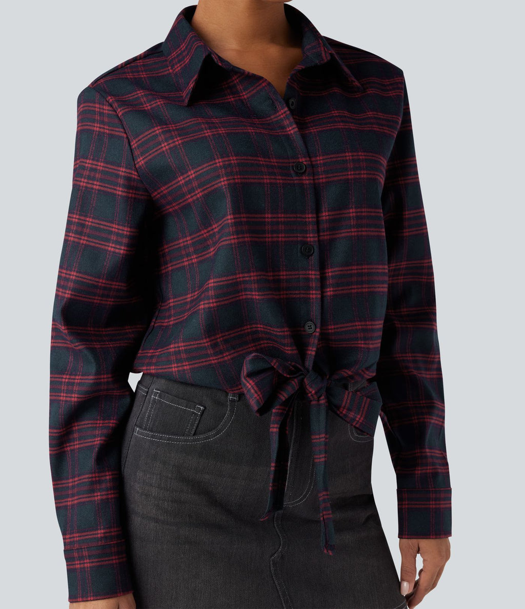 Chemise décontractée à carreaux, manches longues et nœud devant