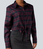 Chemise décontractée à carreaux, manches longues et nœud devant