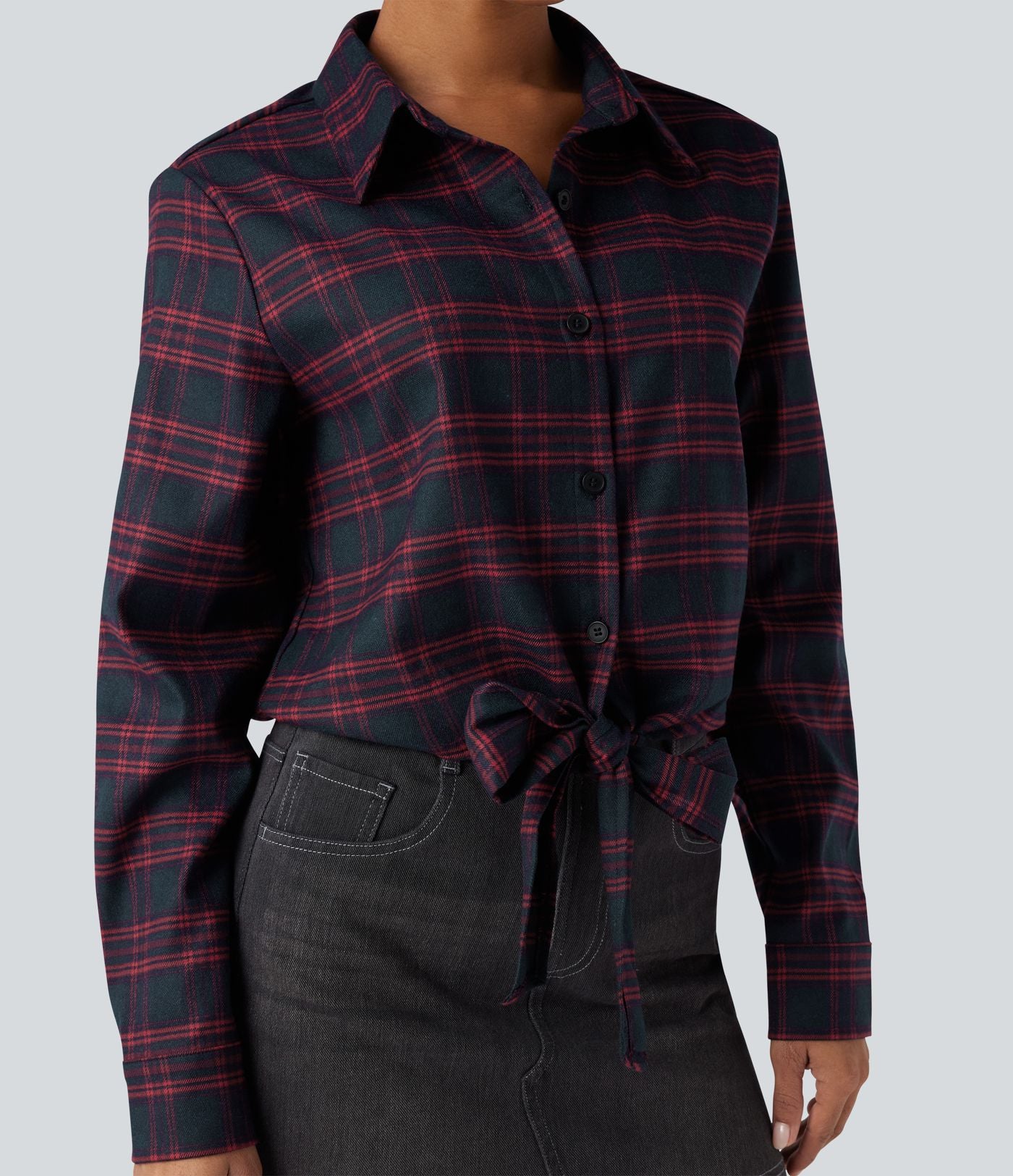 Chemise décontractée à carreaux, manches longues et nœud devant