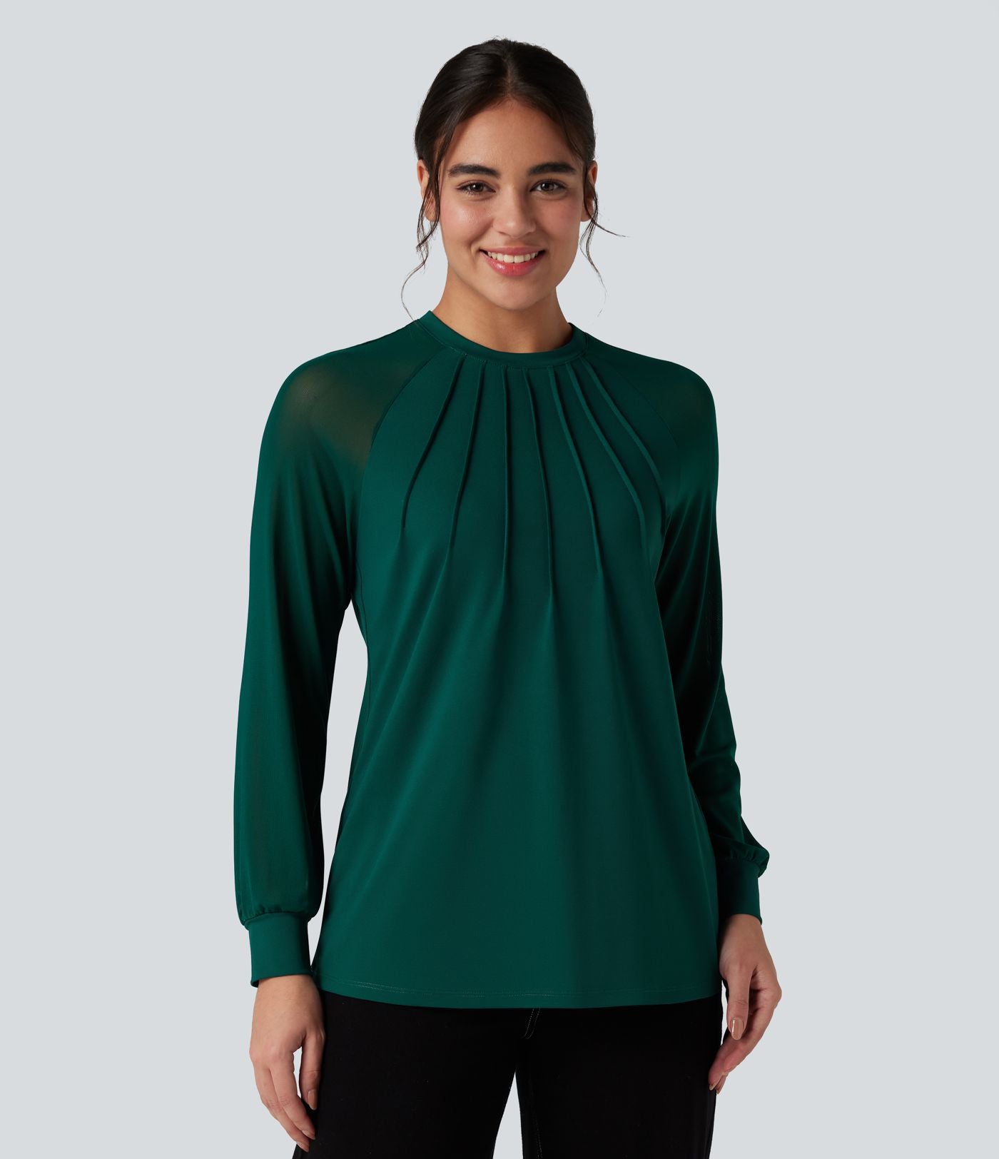 Blouse mesh contrastant col rond manches raglan longues